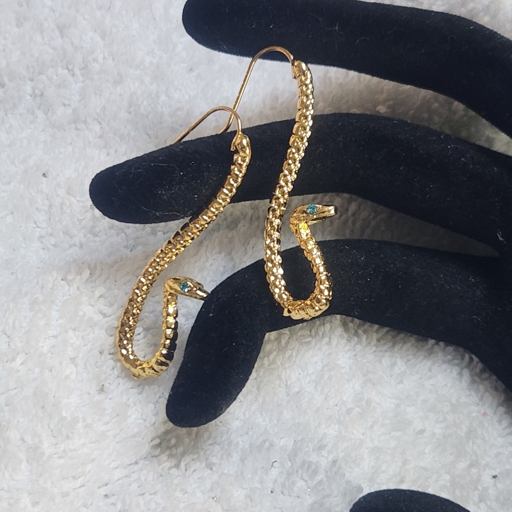 Gold Tone Snake‎ Drop Earrings Textured Serpent Turquoise Eye Dangle Hook